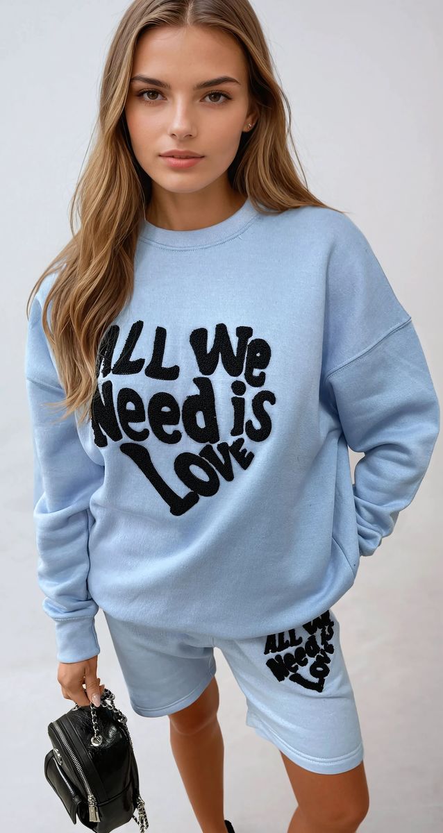 All We Need Is Love Slogan Sweatshirt and Jogger Shorts Co-ord Set