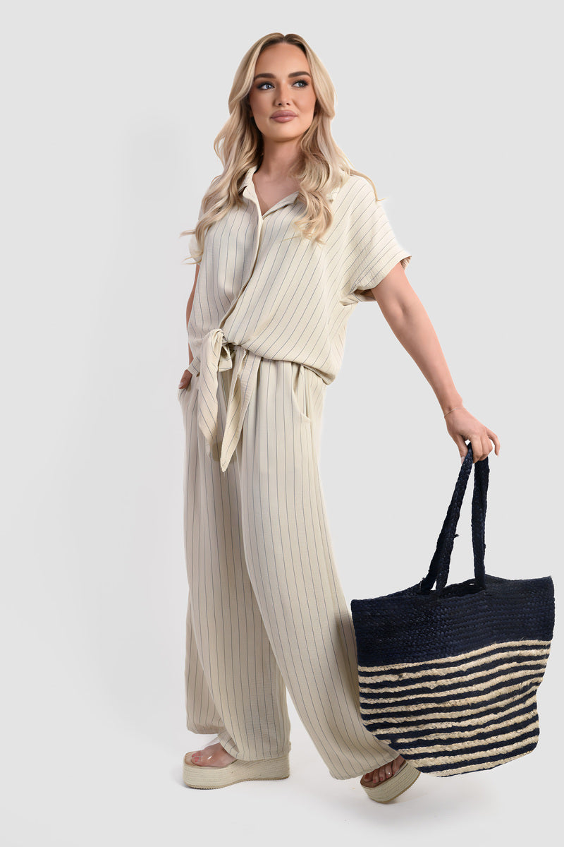 Striped Button Down Tie Front Top and Trouser Co-ord Set
