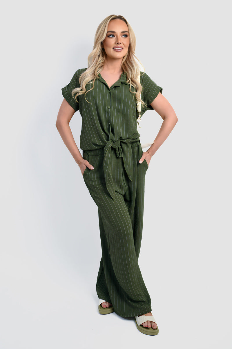 Striped Button Down Tie Front Top and Trouser Co-ord Set
