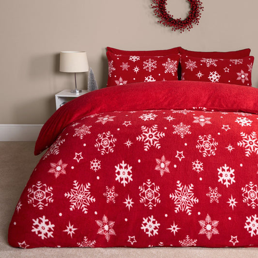 Snowflake Teddy Duvet Set - Red