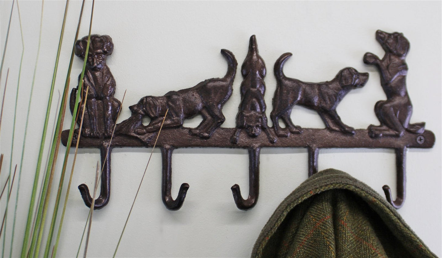 Rustic Cast Iron Wall Hooks, Playful Dog Design With 5 Hooks