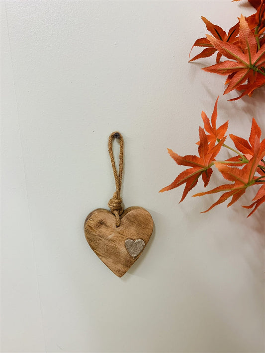 Wooden Hanging Heart With Silver Metal Heart