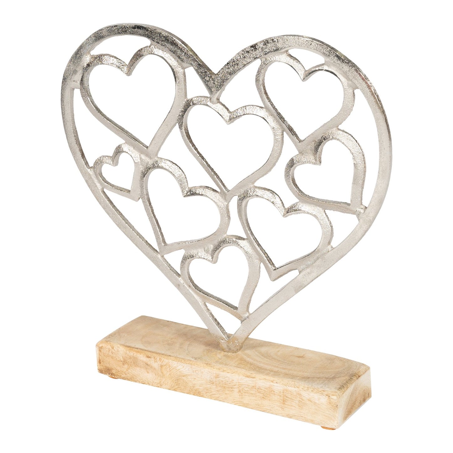 Metal Silver Hearts On A Wooden Base Small