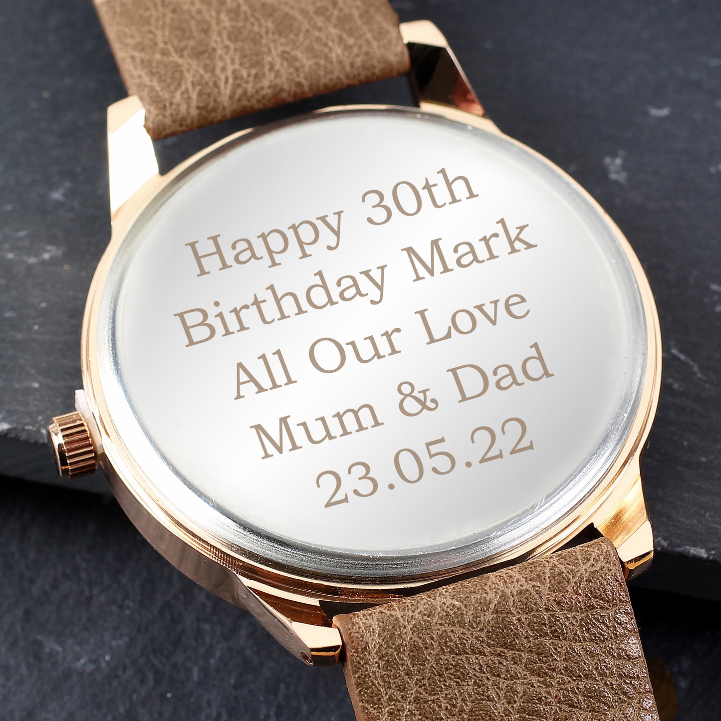 Personalised Mens Rose Gold Tone Watch with Brown Strap and Presentation Box