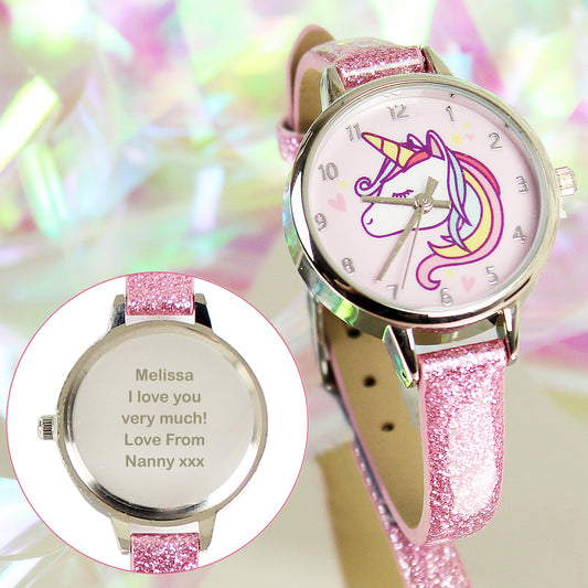 Personalised Unicorn with Pink Glitter Strap Girls Watch