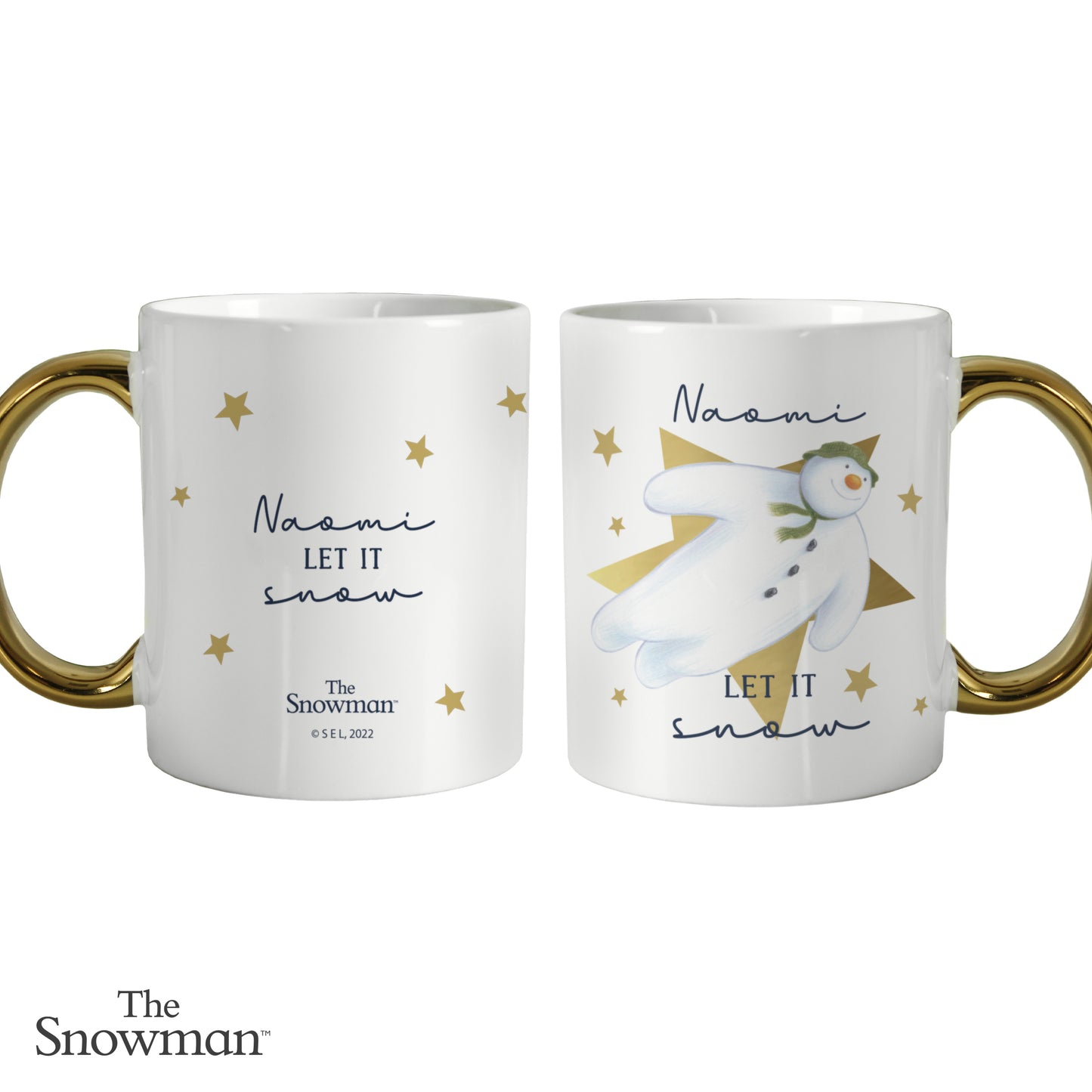 Personalised The Snowman Let it Snow Gold Handed Mug