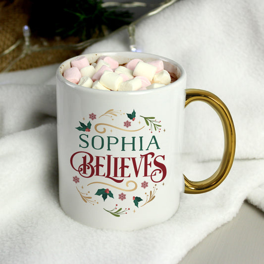 Personalised Believes In Christmas Gold Handled Mug