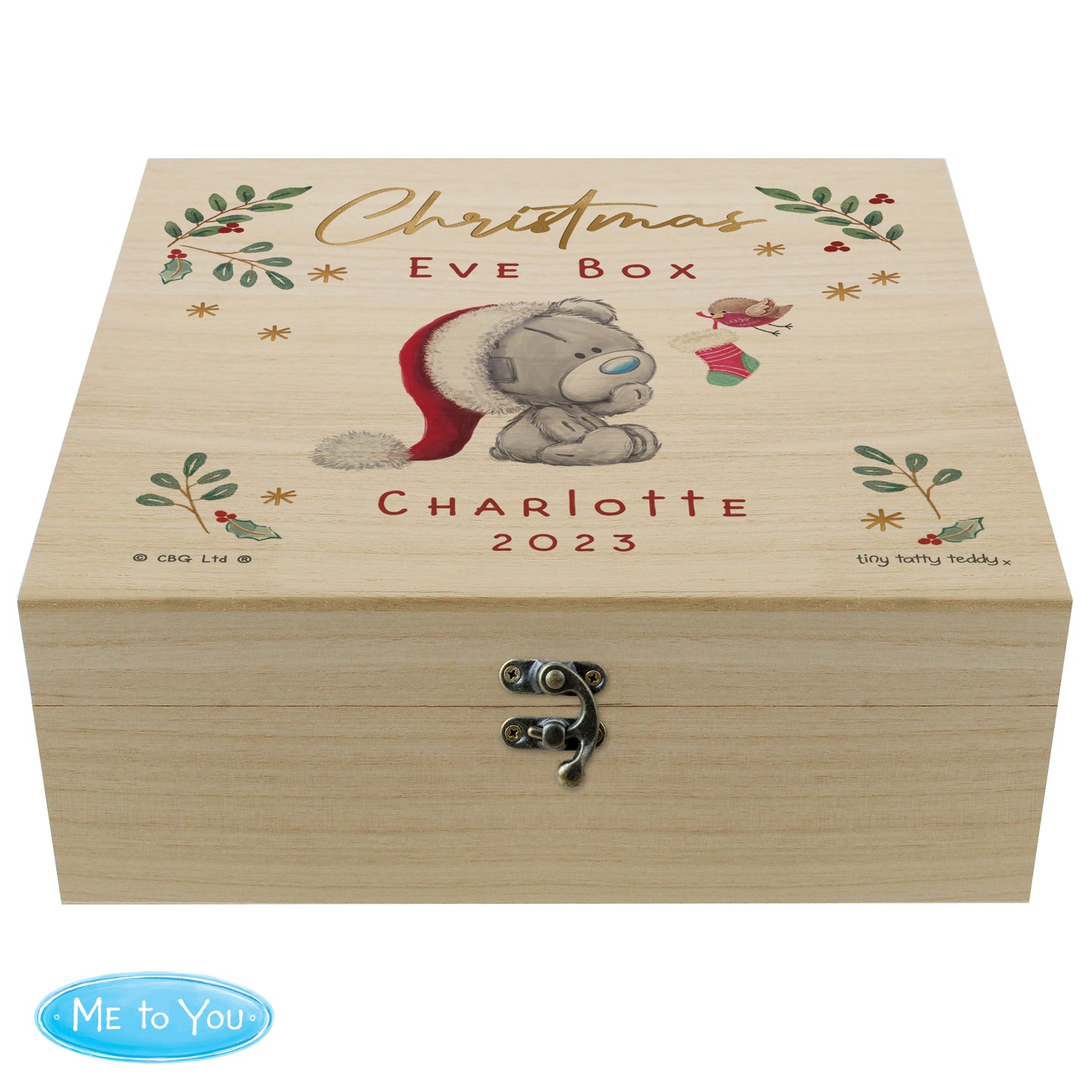 Personalised Winter Christmas Eve Tiny Tatty Teddy Large Wooden Keepsake Box