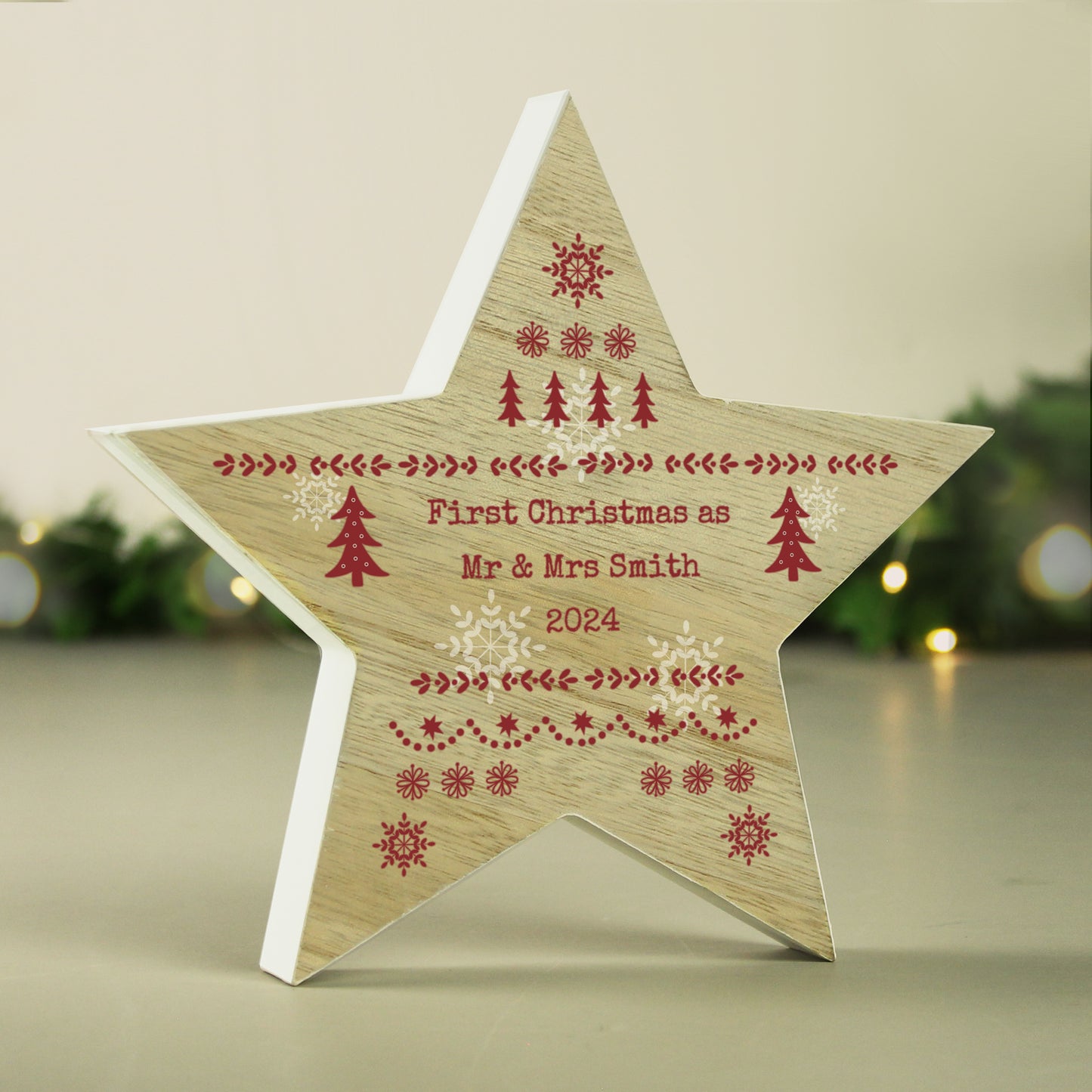 Personalised Christmas Fair Isle Wooden Star Ornament