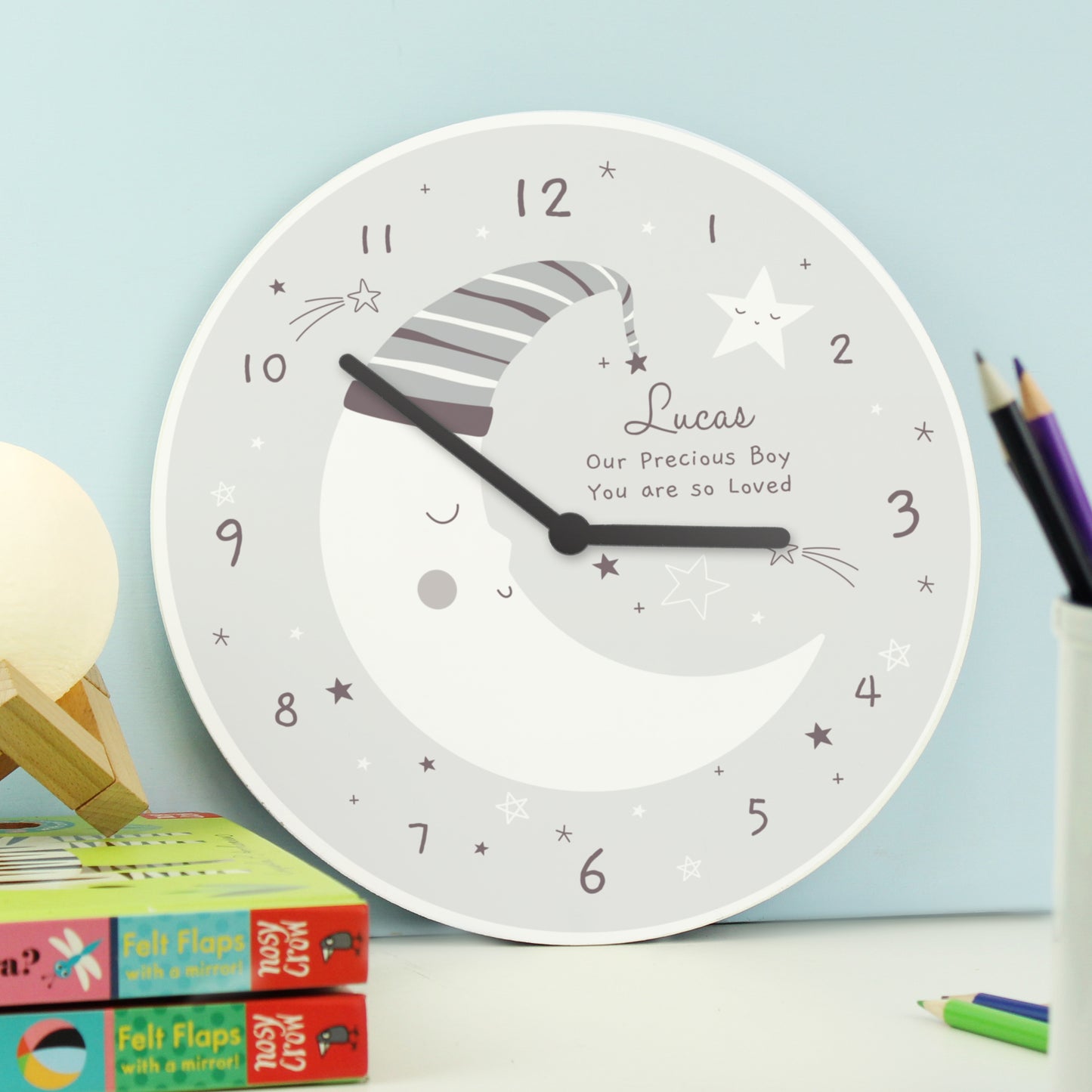 Personalised Moon Wooden Nursery Clock