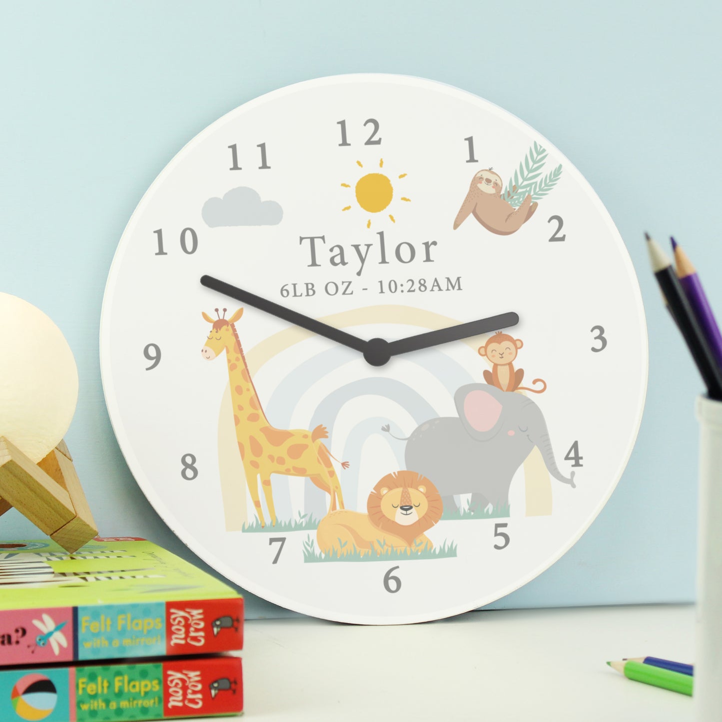 Personalised Safari Animals Wooden Nursery Clock