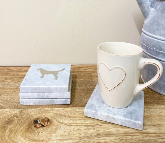 Four Square White Marble Coasters With Gold Dog Design