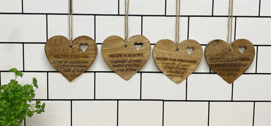 Set of 4 Wood Hanging Black Etched Life Recipe Heart Plaque