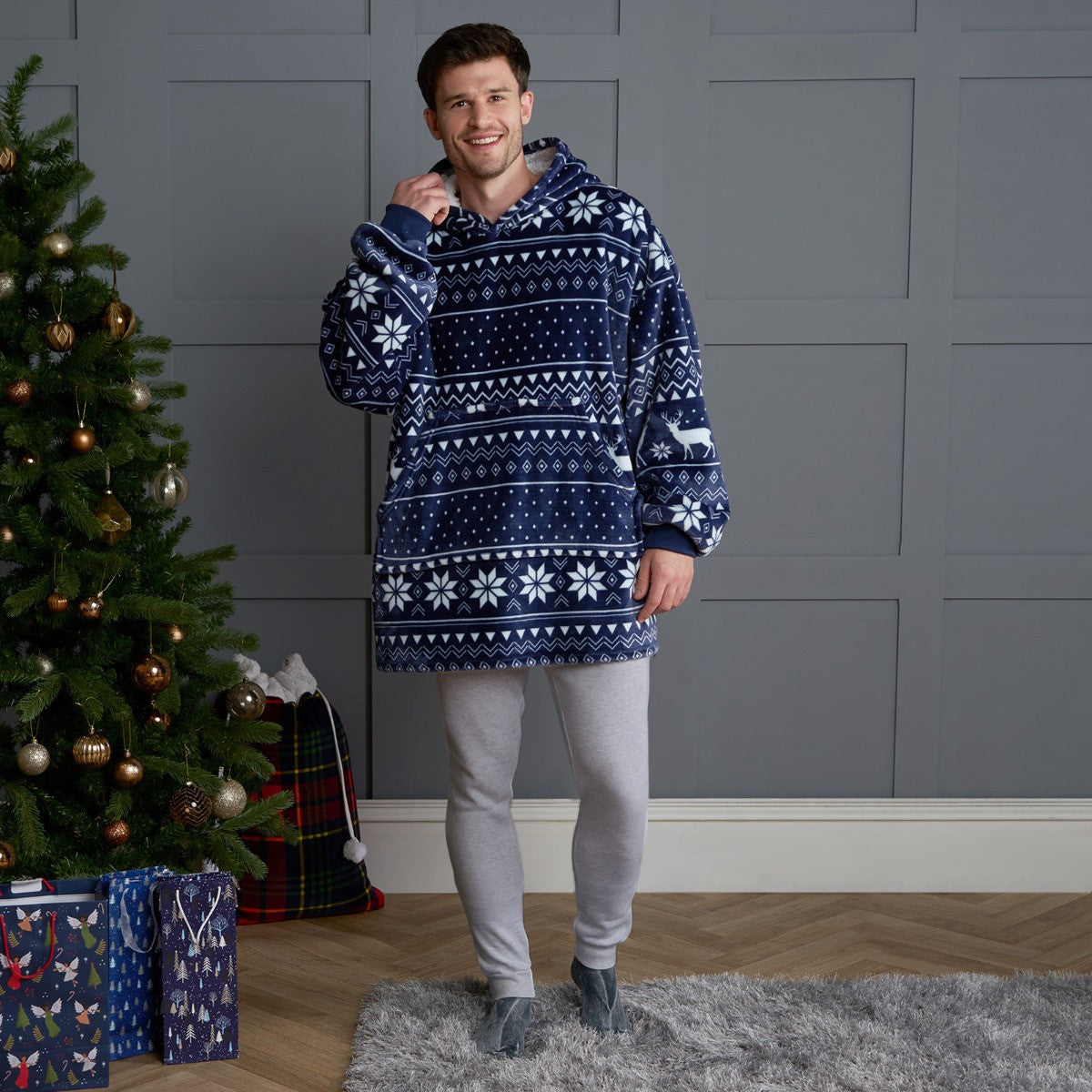 Adults Nordic Christmas Print Hoodie Blanket - Navy