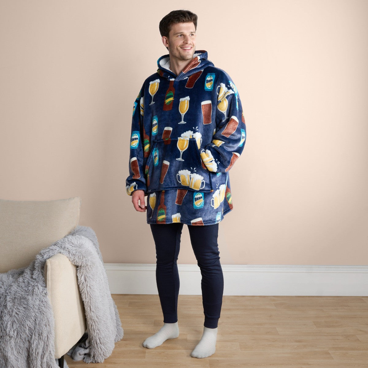 Adults Beer Pint Print Hoodie Blanket - Navy