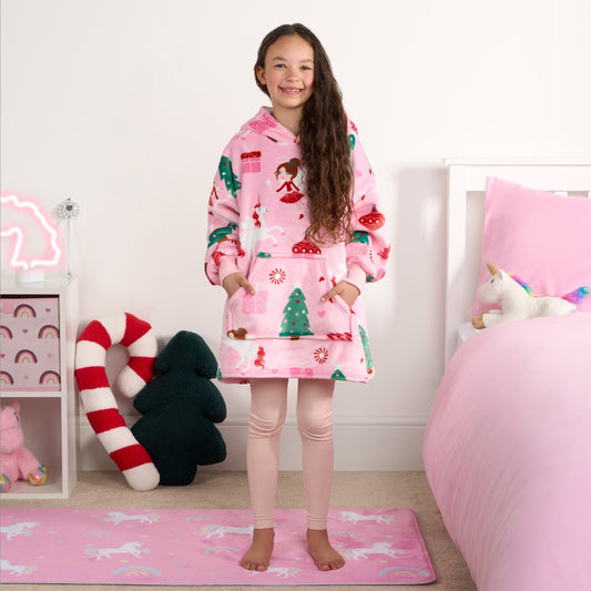 Kids Christmas Unicorn Fairy Print Hoodie Blanket - Pink