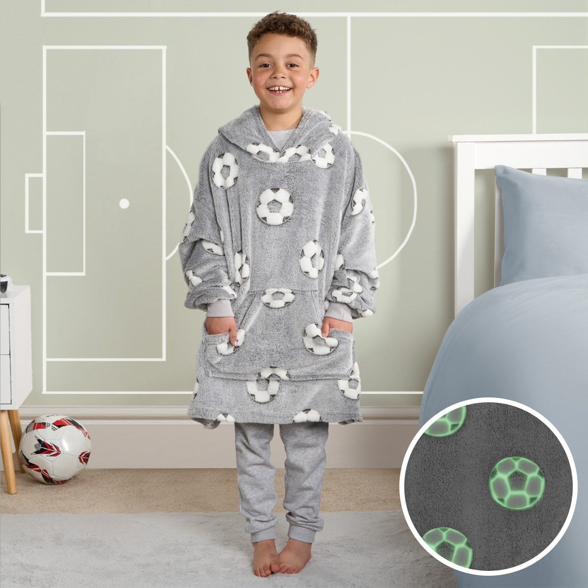 Kids Glow In The Dark Football Hoodie Blanket - Grey