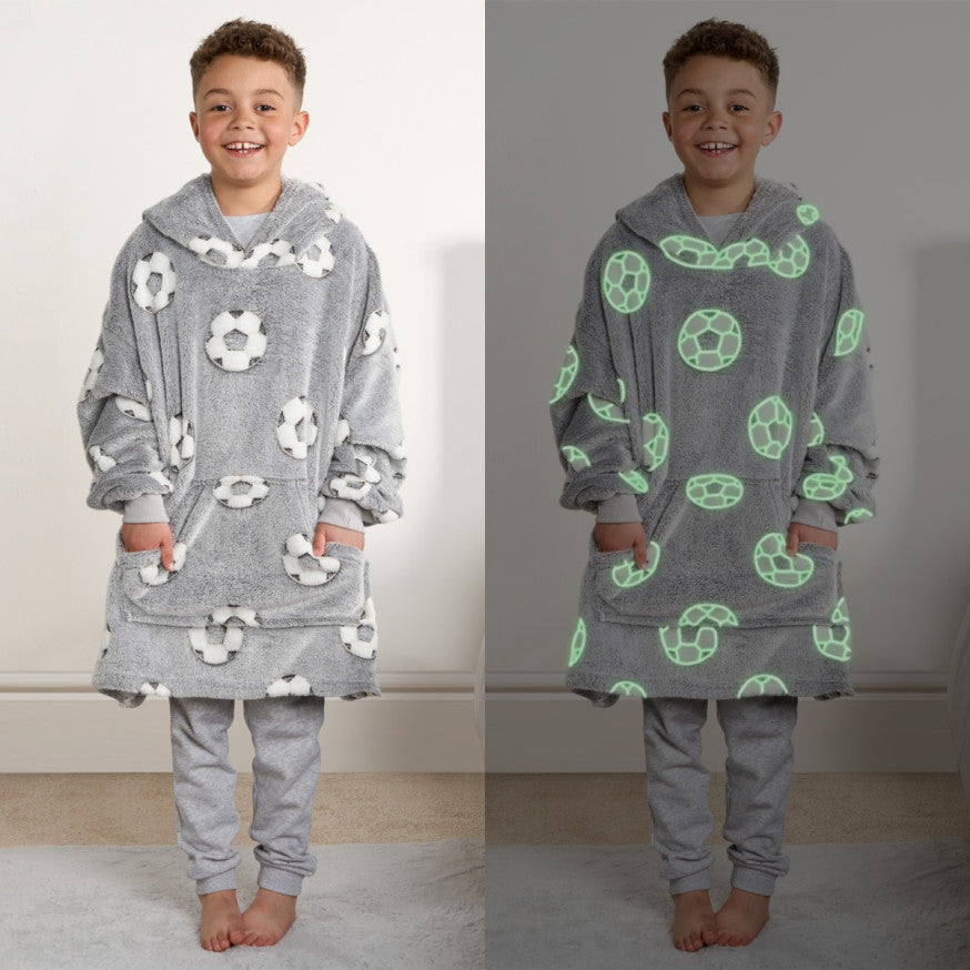 Kids Glow In The Dark Football Hoodie Blanket - Grey