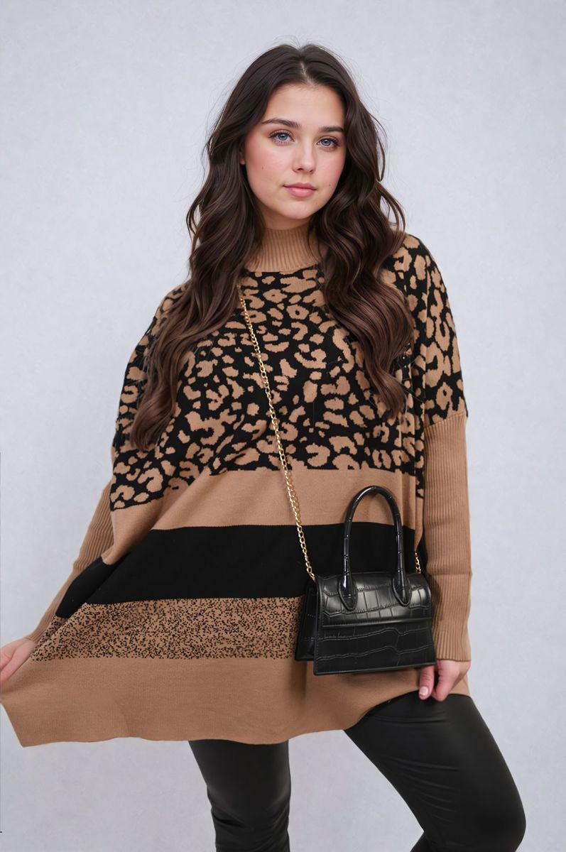 Oversized Leopard Print High Neck Knitted Jumper