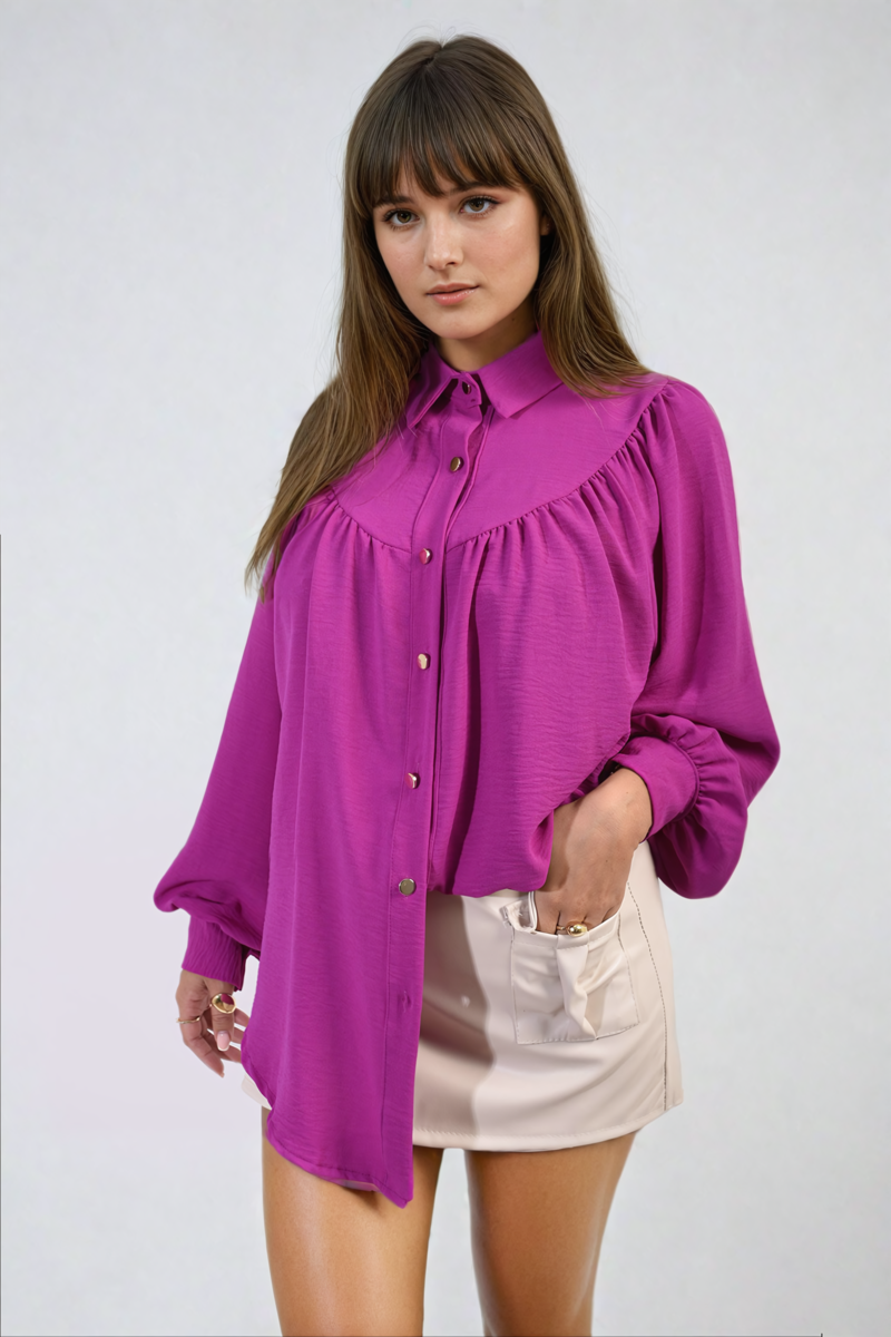 High Neckline Button Front Balloon Sleeve Top