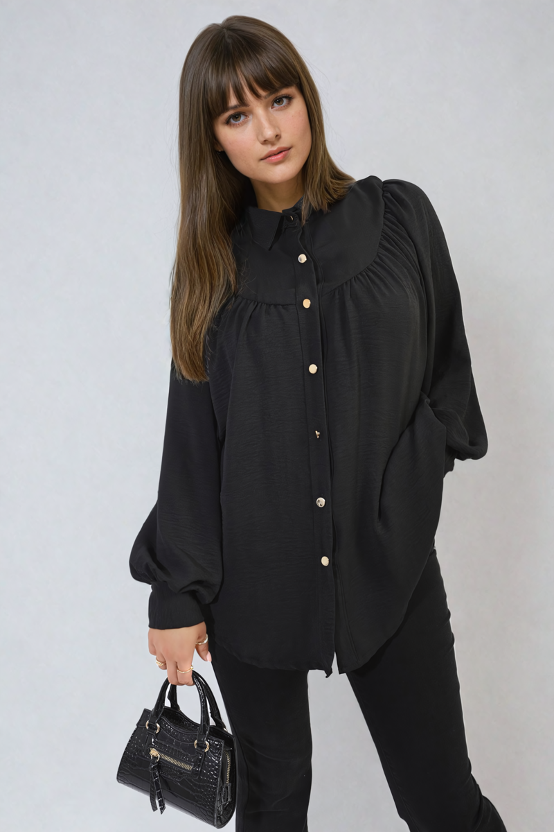 High Neckline Button Front Balloon Sleeve Top