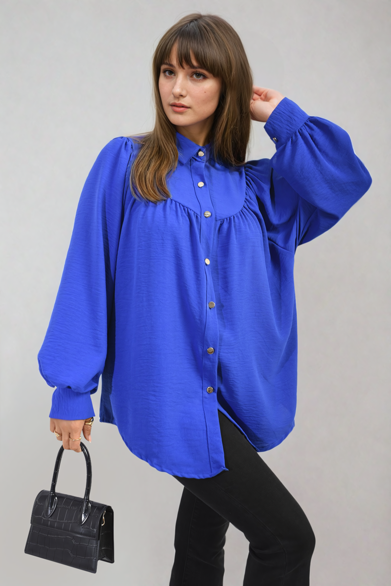 High Neckline Button Front Balloon Sleeve Top