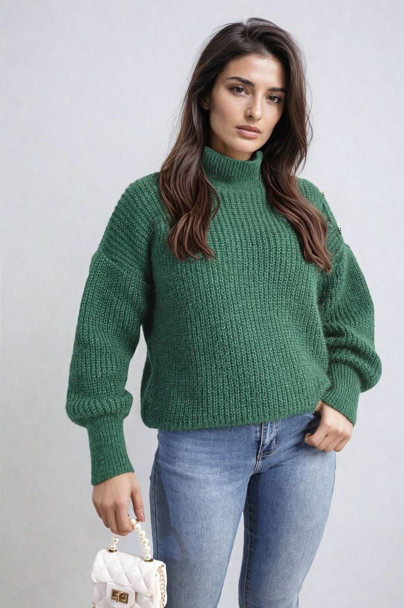 Buttons Long Sleeves Chunky Knit Top