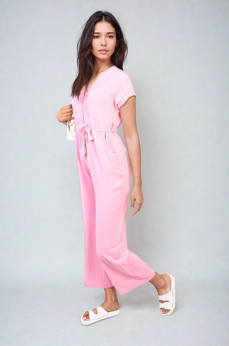 Belted V Neck Jumpsuit with Side Pockets