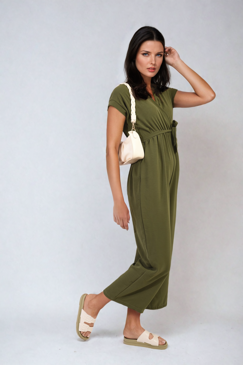 Belted V Neck Jumpsuit with Side Pockets