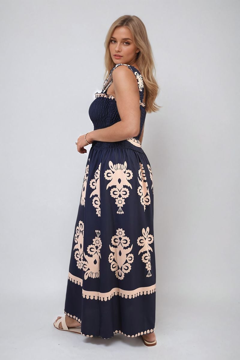 Smocked Sleeveless Flowy Tribal Print Summer Maxi Dress