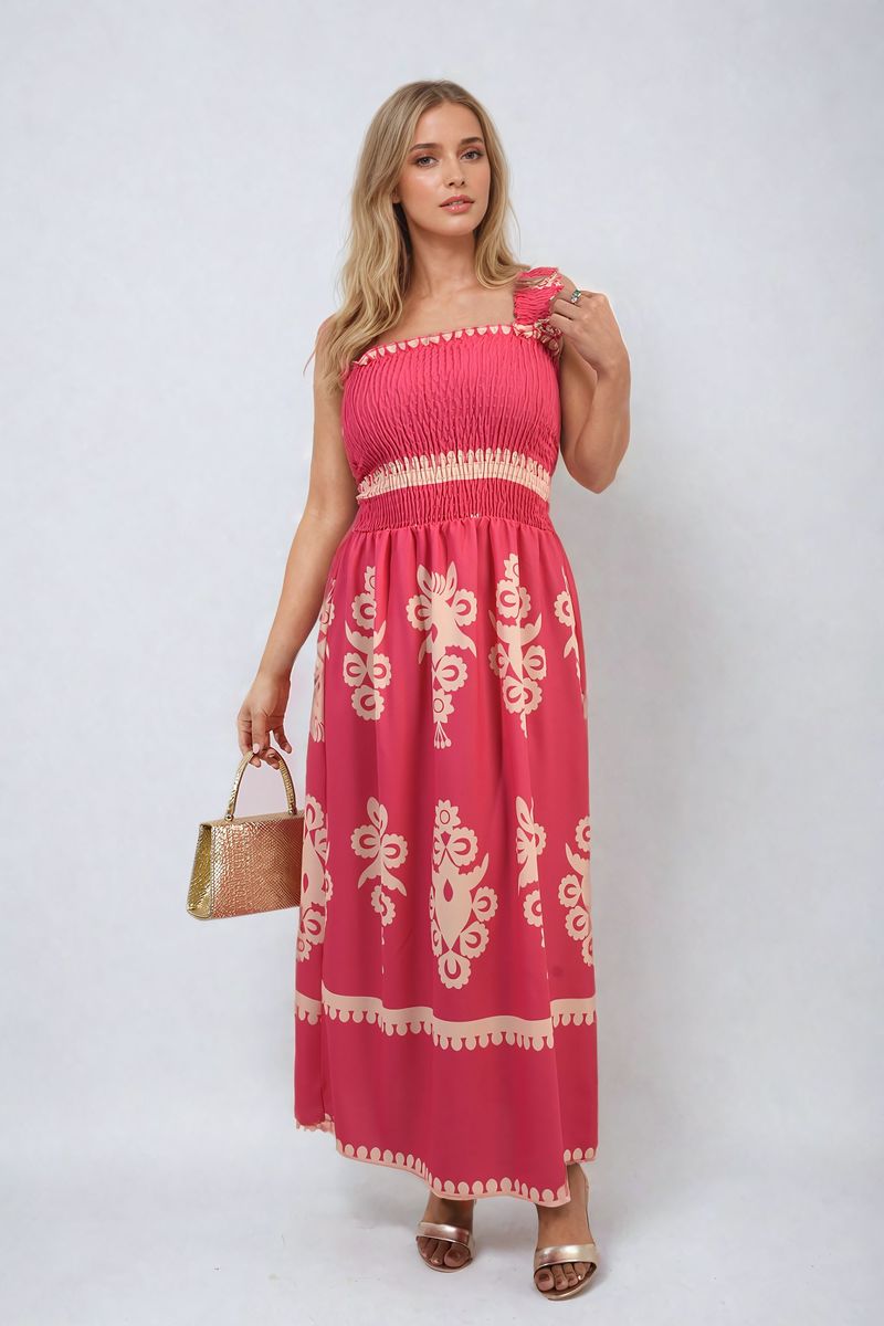 Smocked Sleeveless Flowy Tribal Print Summer Maxi Dress