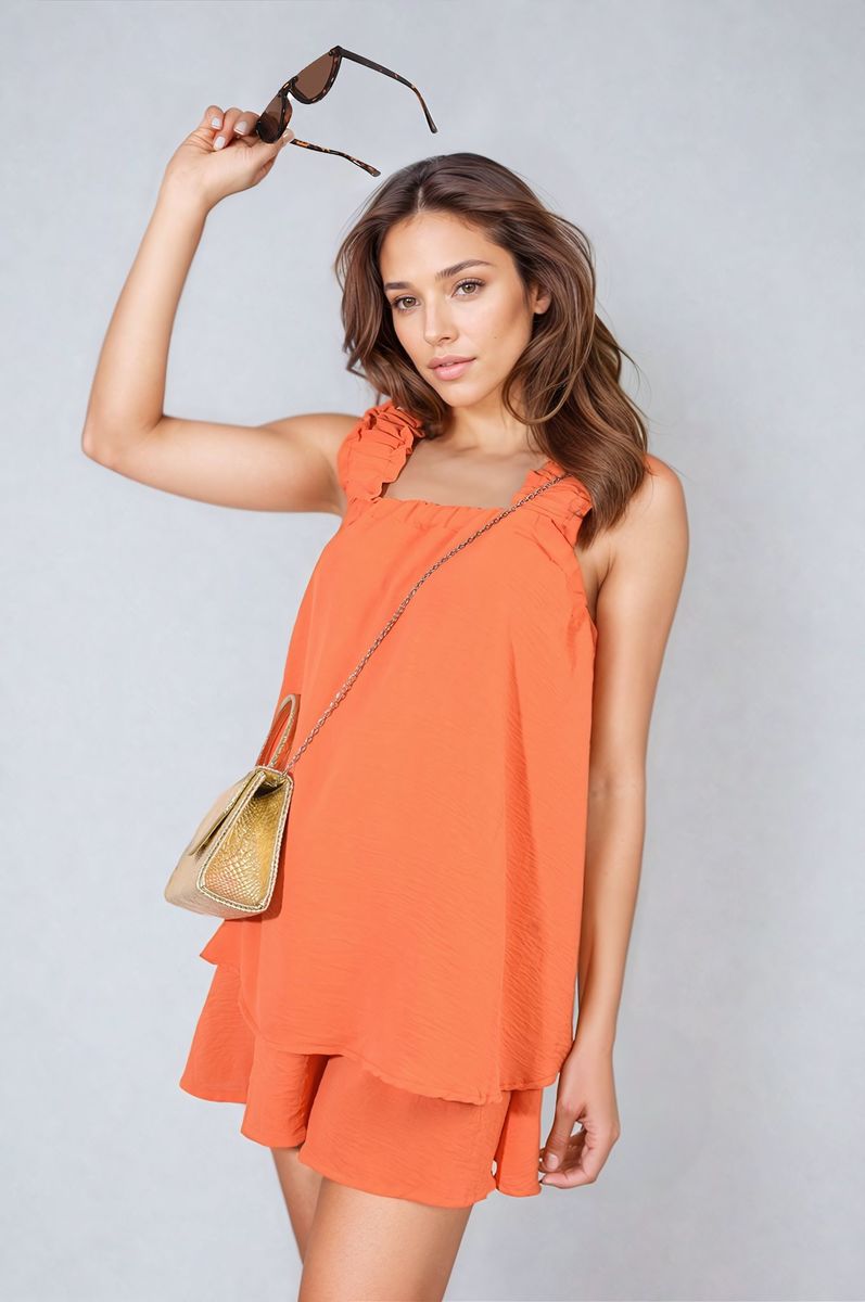 Square-Neck Ruffle Sleeveless Top & Shorts Co-ord