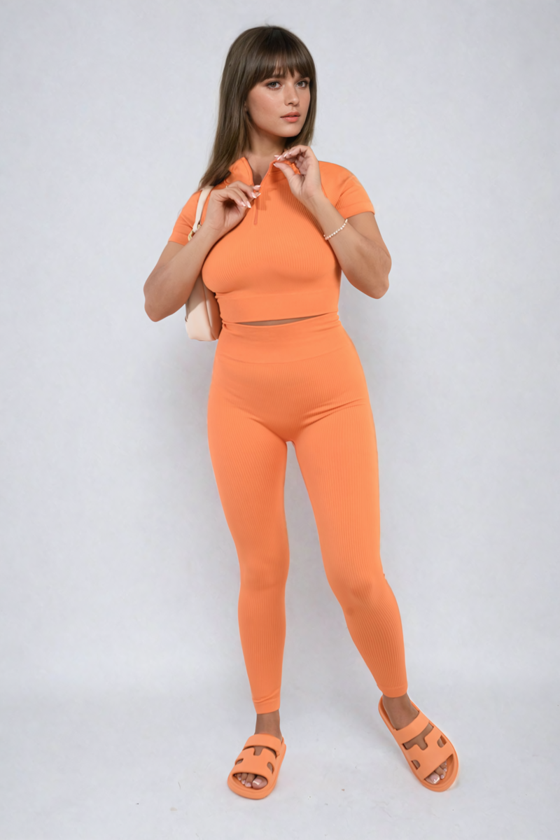 Ribbed Half Zip Crop Top and High Waist Leggings Co-ord Set