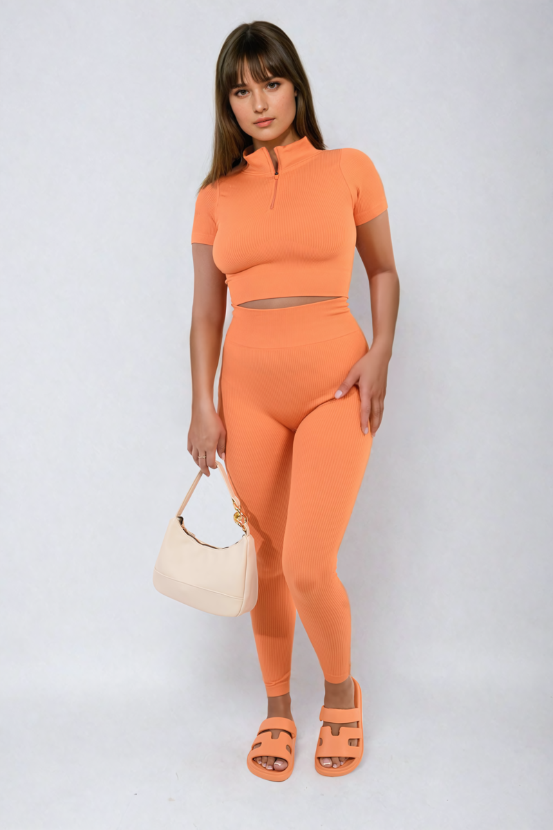 Ribbed Half Zip Crop Top and High Waist Leggings Co-ord Set