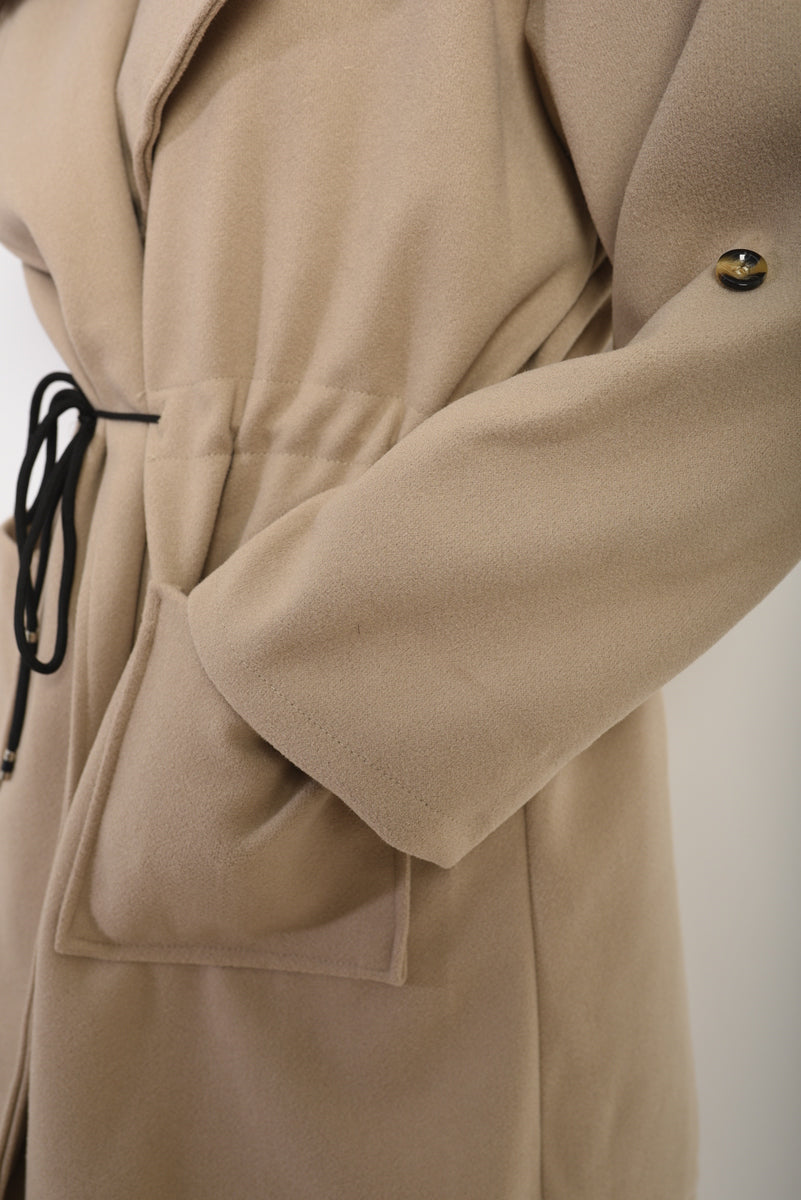 Roll Tab Sleeve Drawstring Waist Open Front Trench Coat Jacket