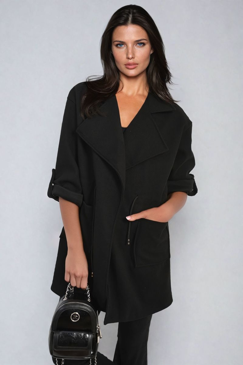 Roll Tab Sleeve Drawstring Waist Open Front Trench Coat Jacket