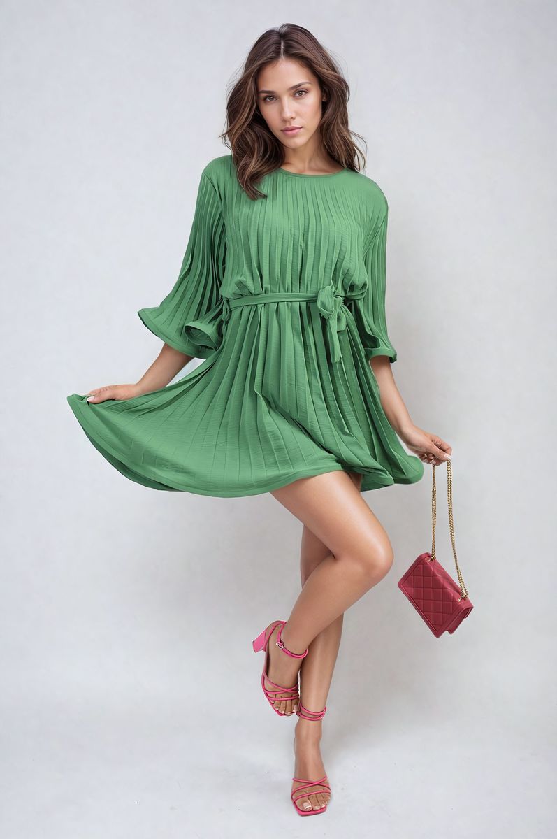 Pleated Tie Waist Mini Dress