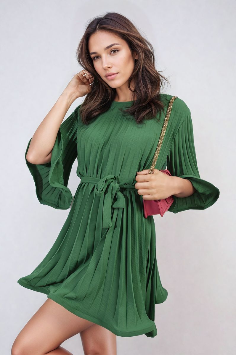 Pleated Tie Waist Mini Dress