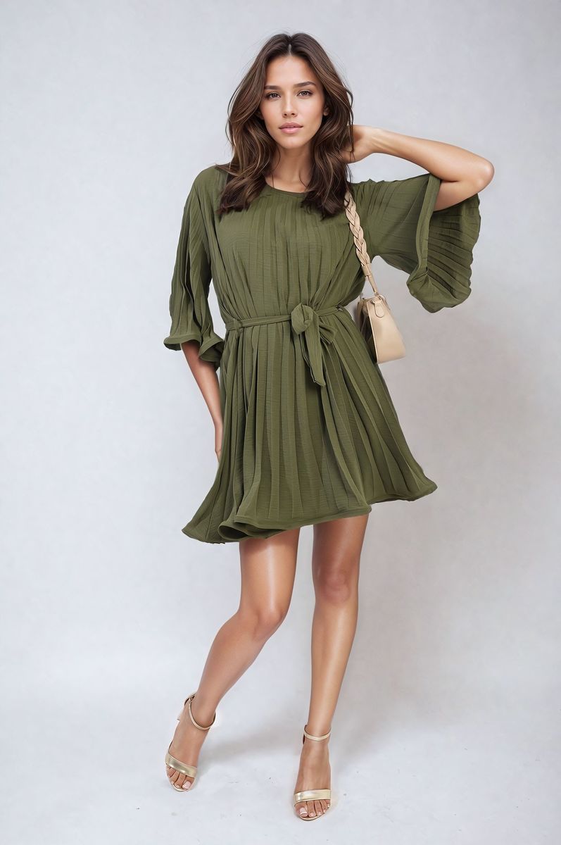 Pleated Tie Waist Mini Dress