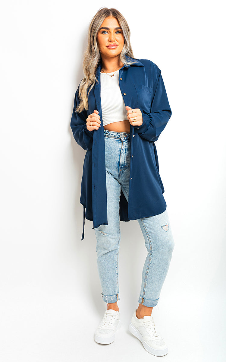 Oversized Button Front Belted Top