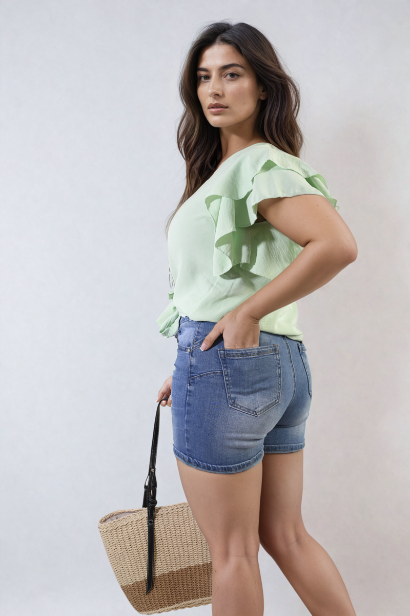 Layered Ruffle Short Sleeve Tie Front Top