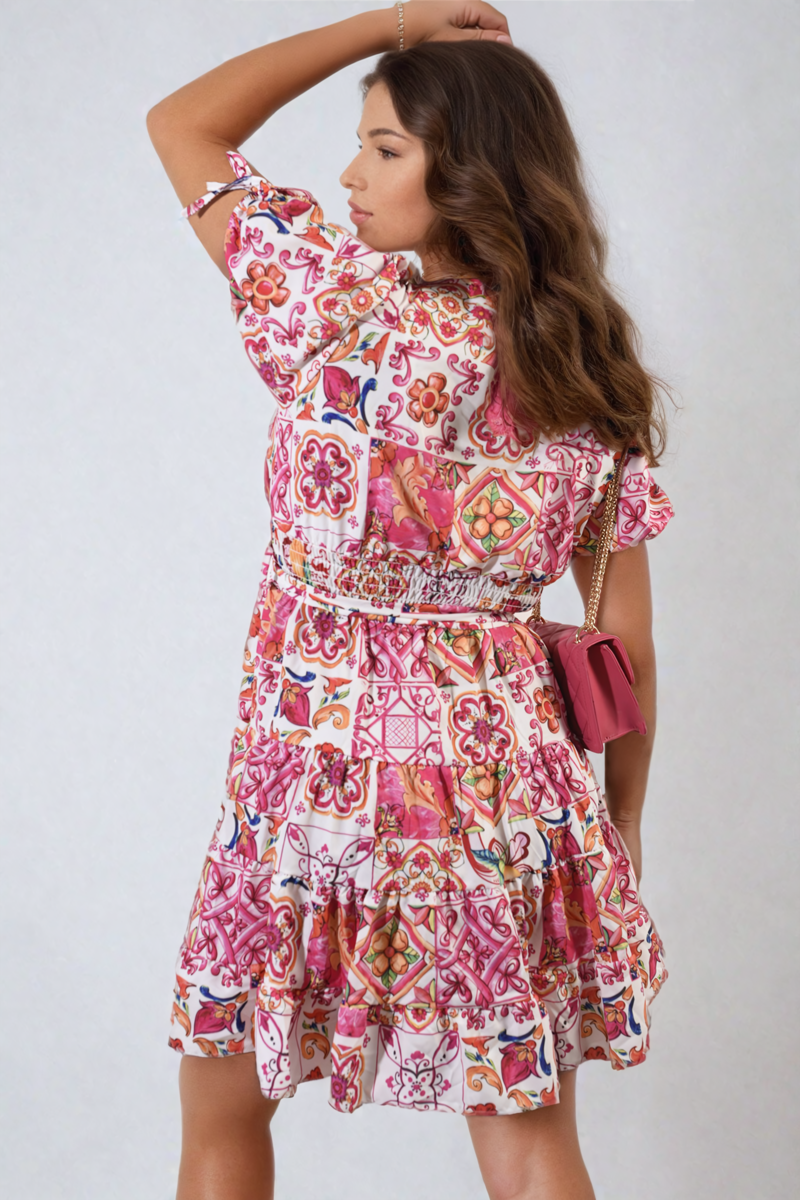 Floral V-Neck Tie Waist Mini Dress