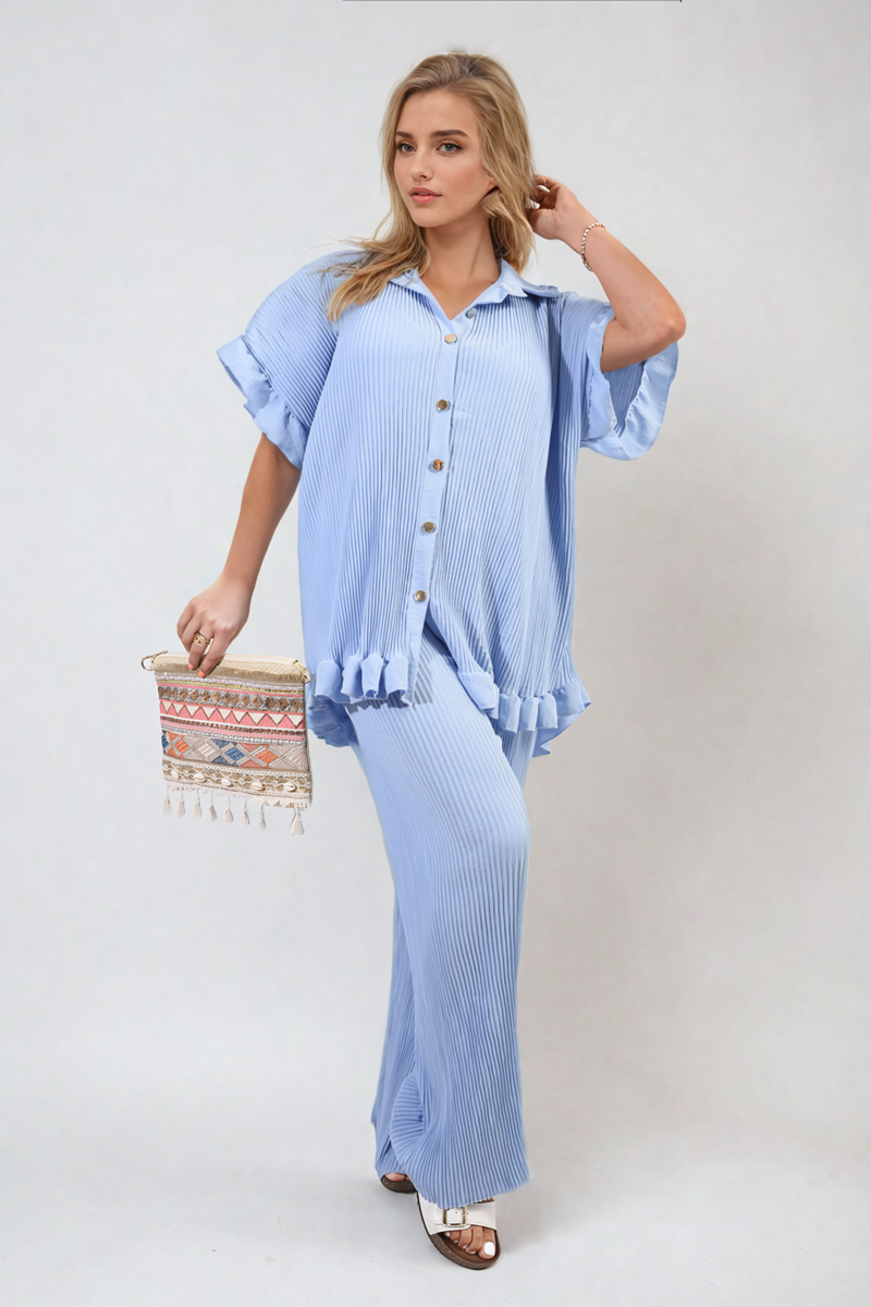 Button Pleated Frill Ruffle Top and Wide Leg Trouser Co-ord Set