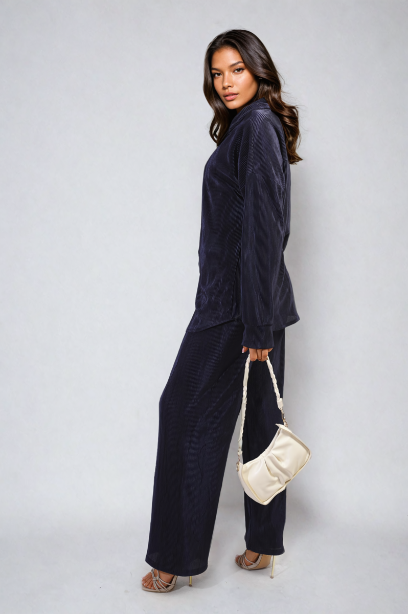 Plisse Button Front Oversized Shirt and Trouser Co-ord Set