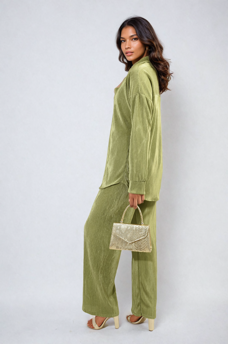 Plisse Button Front Oversized Shirt and Trouser Co-ord Set