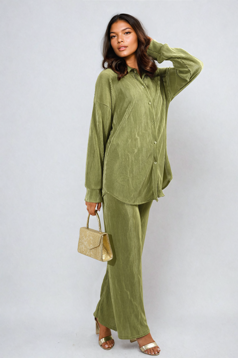 Plisse Button Front Oversized Shirt and Trouser Co-ord Set