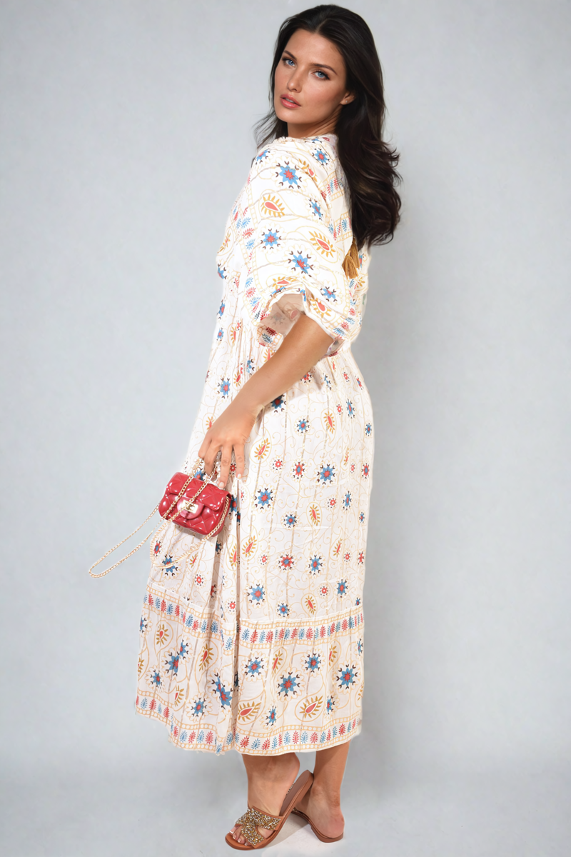 V-Neck Rope Tassel Printed Detail Maxi Dress