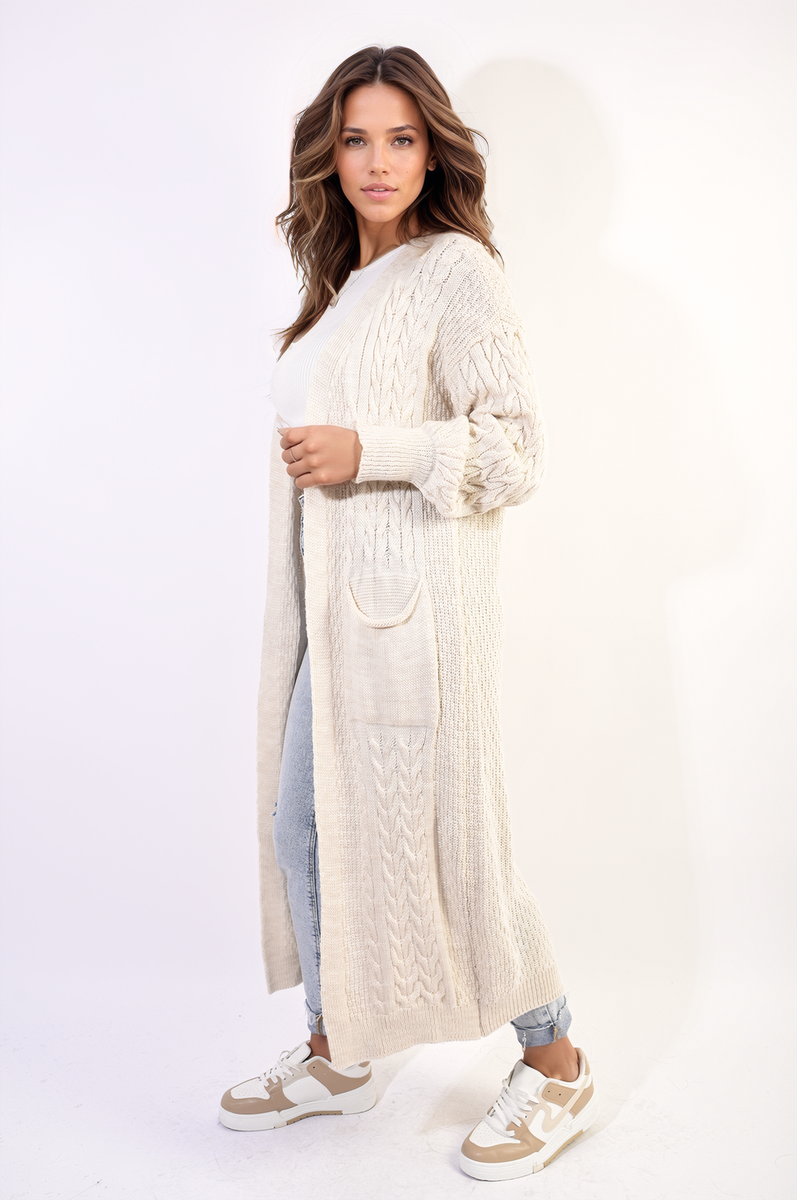 Front Open Long Knitted Cardigan with Front Pockets