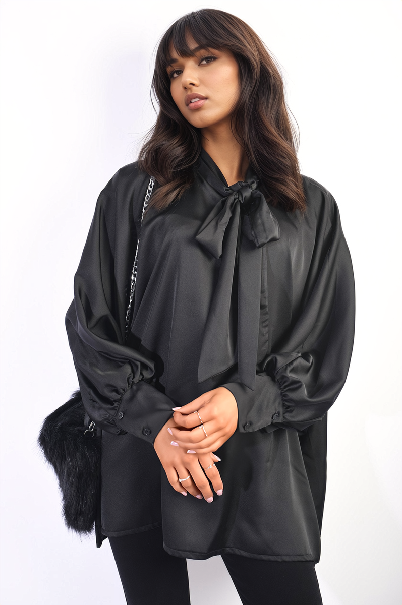 Oversized Silky Satin Long Sleeve Bow Tie Neck Top