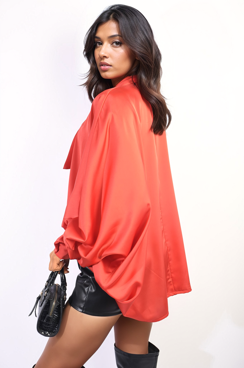 Oversized Silky Satin Long Sleeve Bow Tie Neck Top